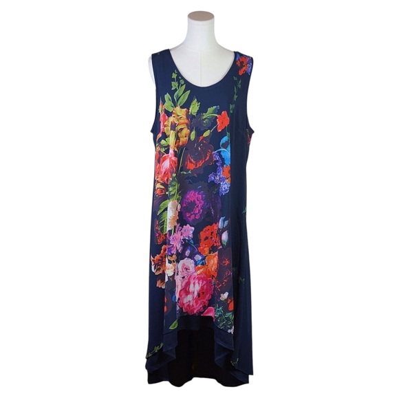 Marc Bouwer Navy Floral High Low Maxi Dress Sleeveless XL Bold Statement - Picture 1 of 8